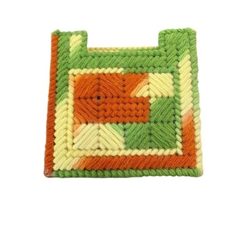Vintage Handmade Plastic Canvas Coaster Set with Holder Orange Green Geometric - Picture 3 of 3